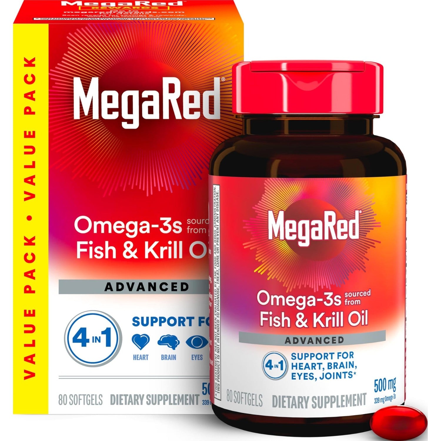MegaRed Omega 3 Fish Oil & Antarctic Krill Oil Softgels for Brain, Heart, Joints & Eye Support, (80 Count Bottle), Concentrated Omega 3 Fatty Acid Supplement with EPA, DHA, Phospholipids
