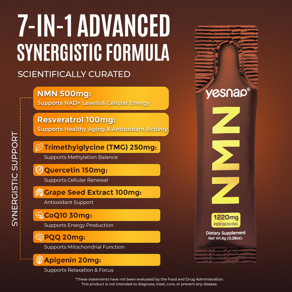 NMN Liquid Supplement NAD+ 7-in-1 Support with Aging-Supportive Resveratrol, TMG, Quercetin, CoQ10, Grapeseed, PQQ, Apigenin Cellular Energy & NAD Levels, 30 On-The-Go Packets, Grape Flavor