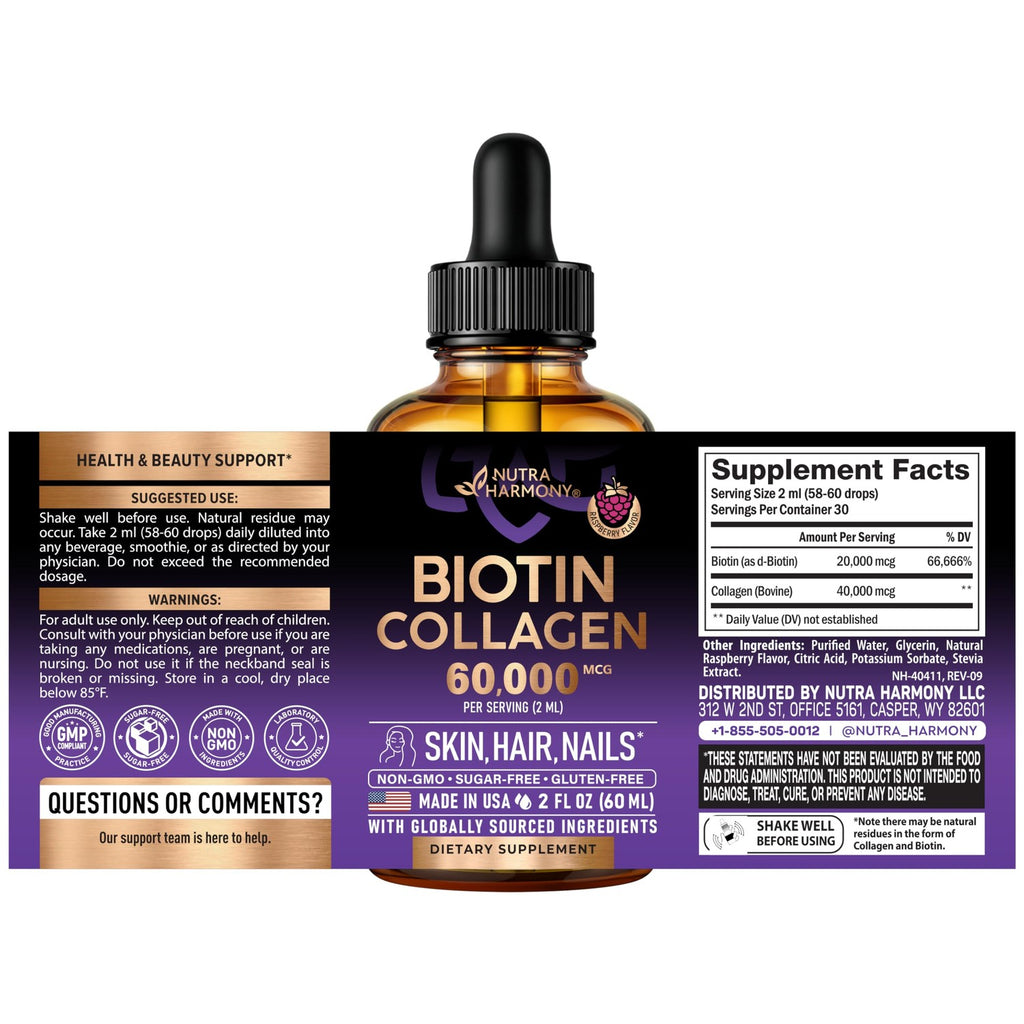 Liquid Biotin & Collagen 60,000mcg - Biotin for Hair Growth Support - 2 Oz | Liquid Collagen Supplement & Biotin - Extra Strength Drops for Women & Men - Strong Nails & Healthy Skin - Raspberry Flavor