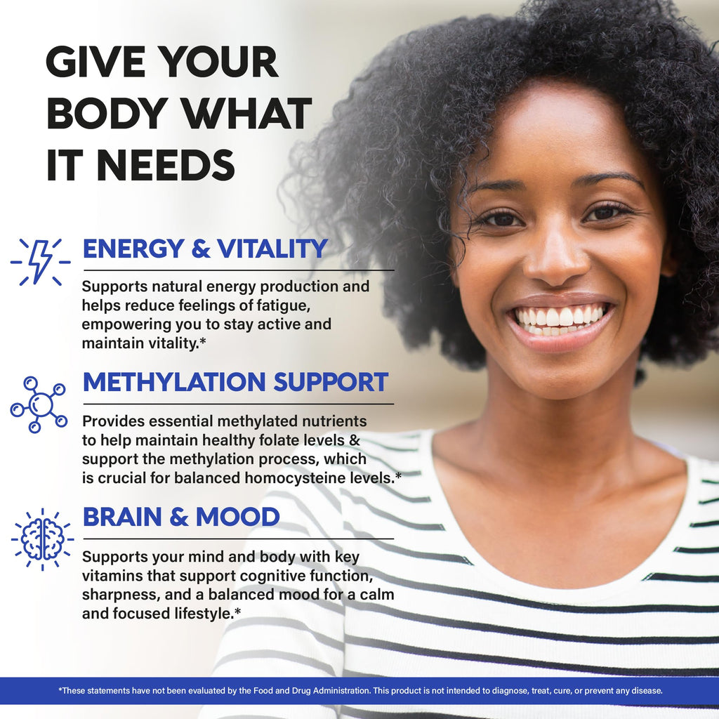 Vitamin B Complex Methylated - B-Complex with Methylfolate & B12 -120 Caps | 9-in-1 Methylated Multivitamin for Men & Women - Energy, Brain & Mood - Vegan, Lab Tested, Bioavailable