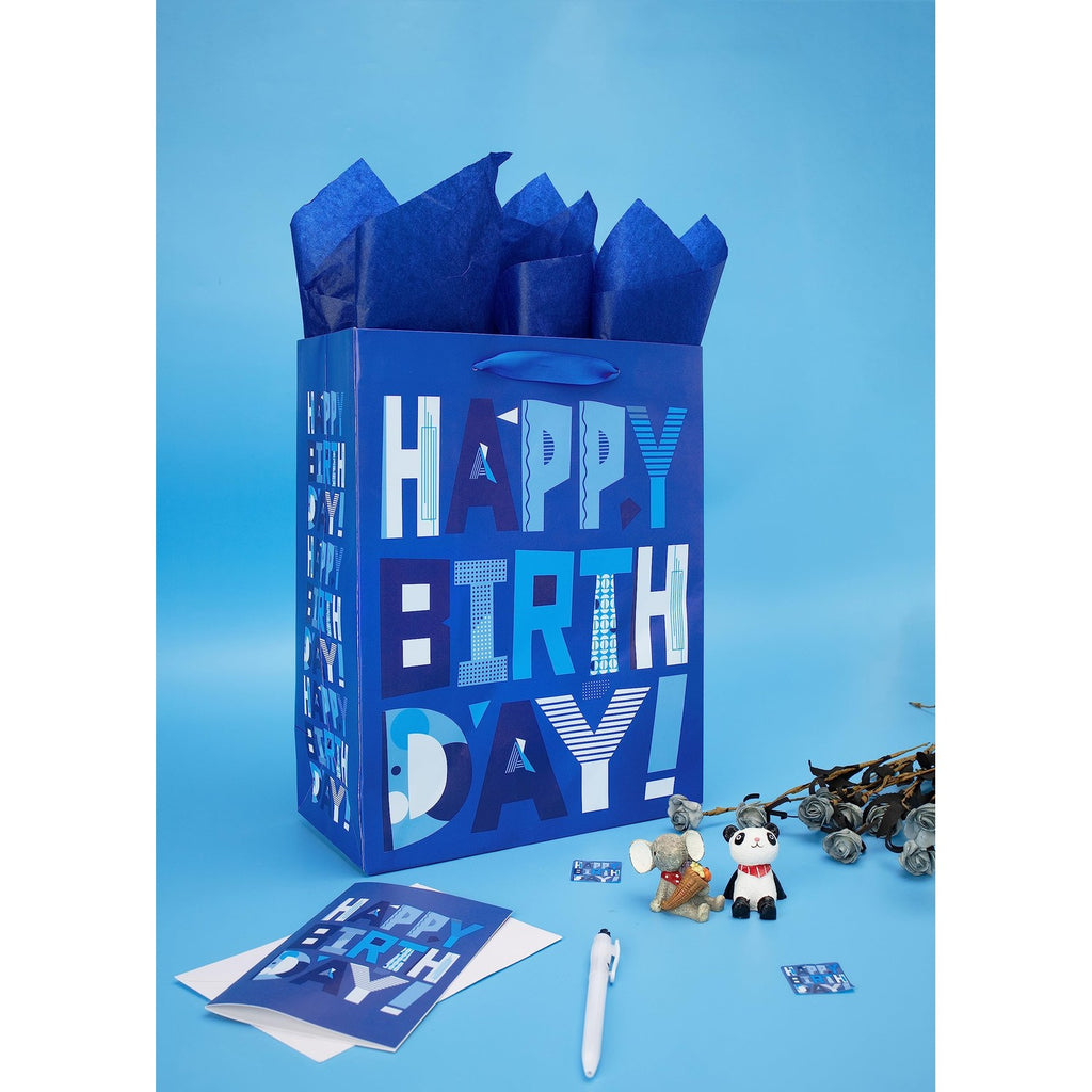 wishinside 13" Large Blue Gift Bags Set with Greeting Card and Tissue Papers (Blue Happy Birthday) for Men's Birthday Party, Father, Grandpa, Kids' Parties, Baby Boy - 13”x10.2”x5.2”, 1 Pcs