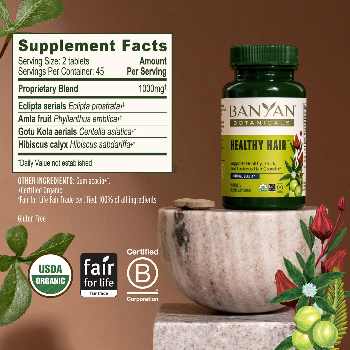 Banyan Botanicals Organic Healthy Hair Supplement – For Thickness, Shine & Scalp Health – with Bhringaraj, Amla & Brahmi – Natural Internal Hair Care & Follicle Support-90 Tablets-USDA Organic