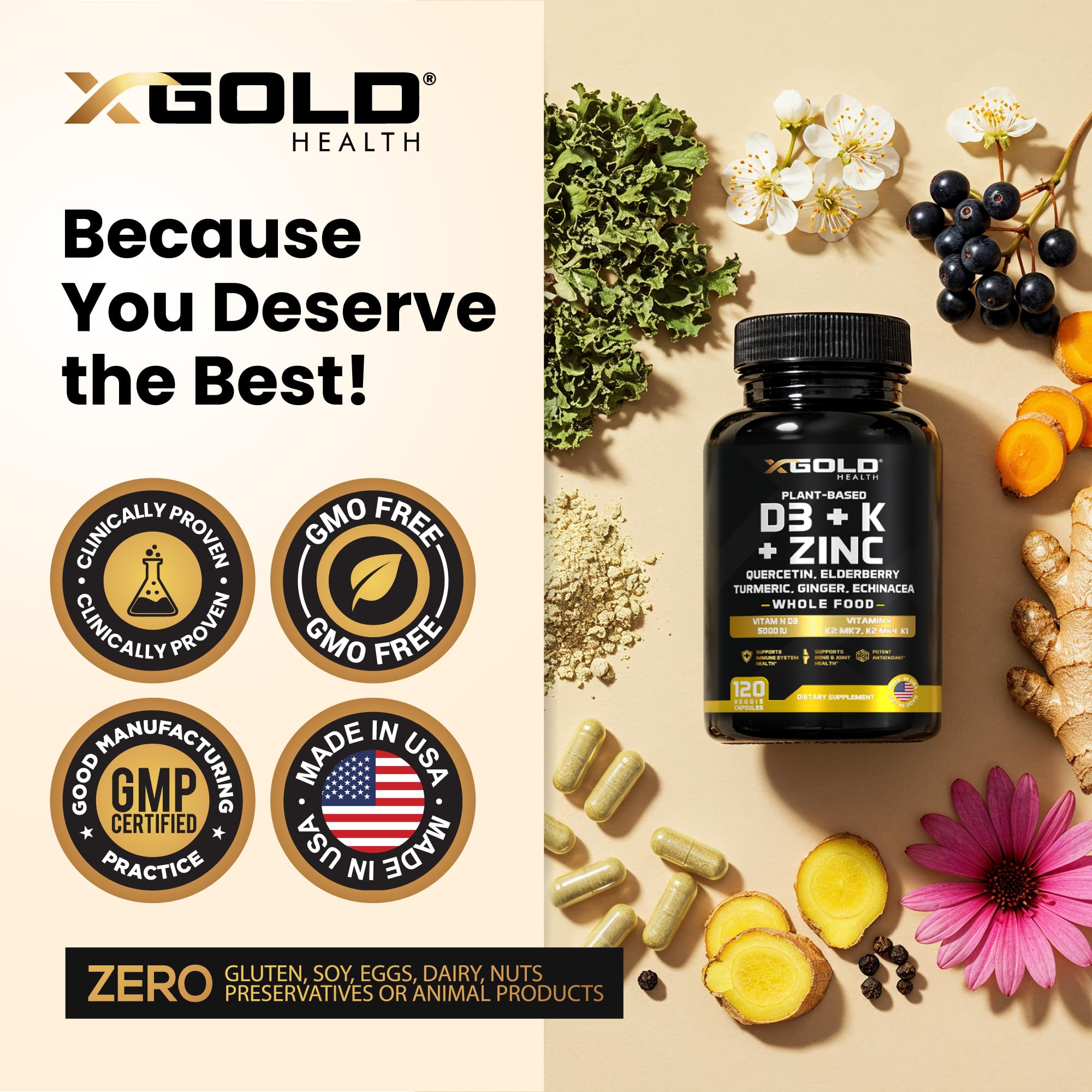 Vitamin D, K2, K1, Zinc, Quercetin, Elderberry, Turmeric, Ginger & Echinacea Whole Food Supplement 8 in 1- D3 5000 IU Plant-Based from Lichen, Vitamin K (K2 MK7, MK4, K1), D3 K2 Vitamins -120 Capsules