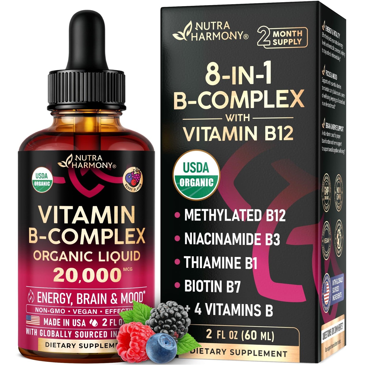 USDA Organic Vitamin B-Complex 20000mcg - B5, B12, B1, B6, B7, B9, B3 - 2Oz | B Complex Liquid Drops - Pantothenic Acid, Methylcobalamin, Thiamine, Pyridoxine, Biotin, Folic, Niacinamide - Berry Flavor
