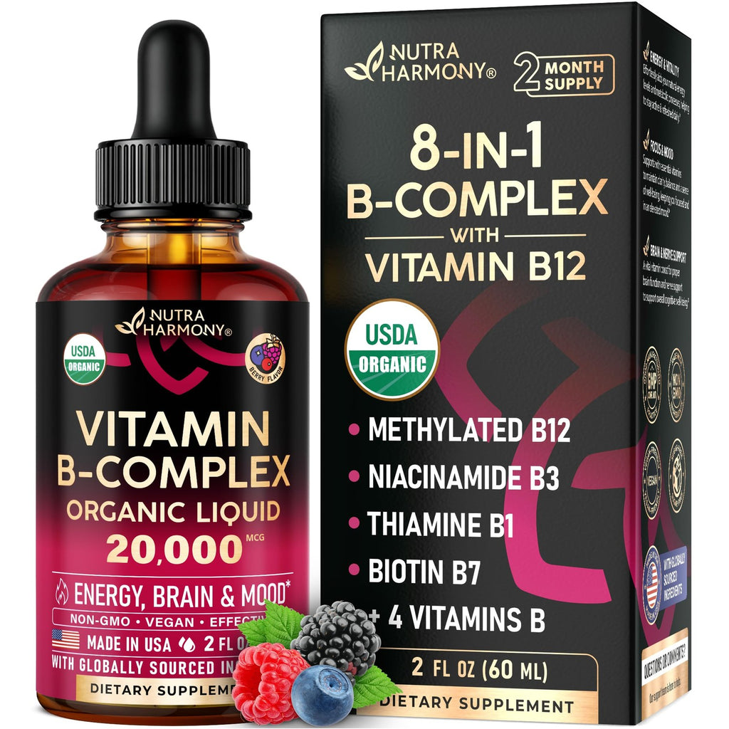 USDA Organic Vitamin B-Complex 20000mcg - B5, B12, B1, B6, B7, B9, B3 - 2Oz | B Complex Liquid Drops - Pantothenic Acid, Methylcobalamin, Thiamine, Pyridoxine, Biotin, Folic, Niacinamide - Berry Flavor