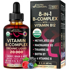 USDA Organic Vitamin B-Complex 20000mcg - B5, B12, B1, B6, B7, B9, B3 - 2Oz | B Complex Liquid Drops - Pantothenic Acid, Methylcobalamin, Thiamine, Pyridoxine, Biotin, Folic, Niacinamide - Berry Flavor