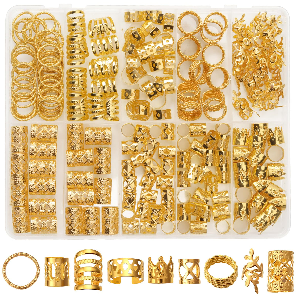 CPOXITI 220Pcs Hair Jewelry for Dreadlock, Metal Hair Charms for Women, Gold Braids Rings Cuffs Clips for Hair Braids, Loc Jewelry Dreadlock Accessories