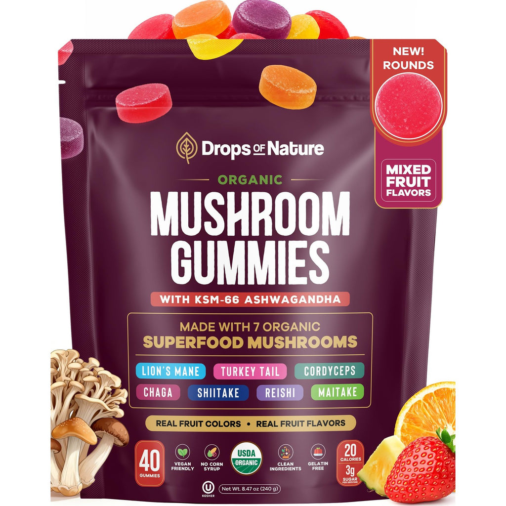 Drops Of Nature Organic Mushroom Gummies & Ashwagandha - Mixed Berry, 80 ct | KSM-66 Ashwagandha Gummies with 7 Superfood Mushroom Lions Mane Reishi Turkey Tail Chaga & More, Low Carb Vegan, Gelatin-Free