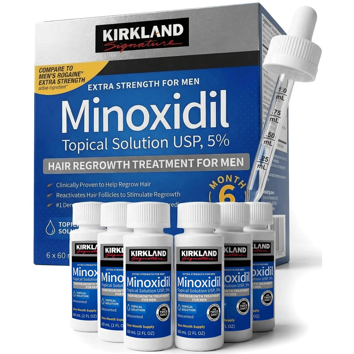 Kirkland Minoxidil for Men Liquid, Extra Strength Hair Regrowth Treatment 5%, 6 Months Supply - Upgraded Dropper Applicator and Bonus Free Guide Included