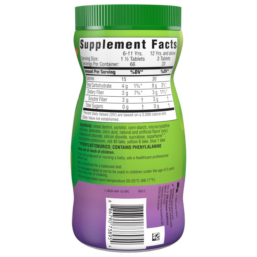 Benefiber Chewable Prebiotic Fiber Tablets, Assorted Fruit Flavors, 100 Ct | Plant-based Prebiotic Fiber, Supports Gut Health by Nourishing Good Gut Bacteria, GLP-1 Support for Digestive Health