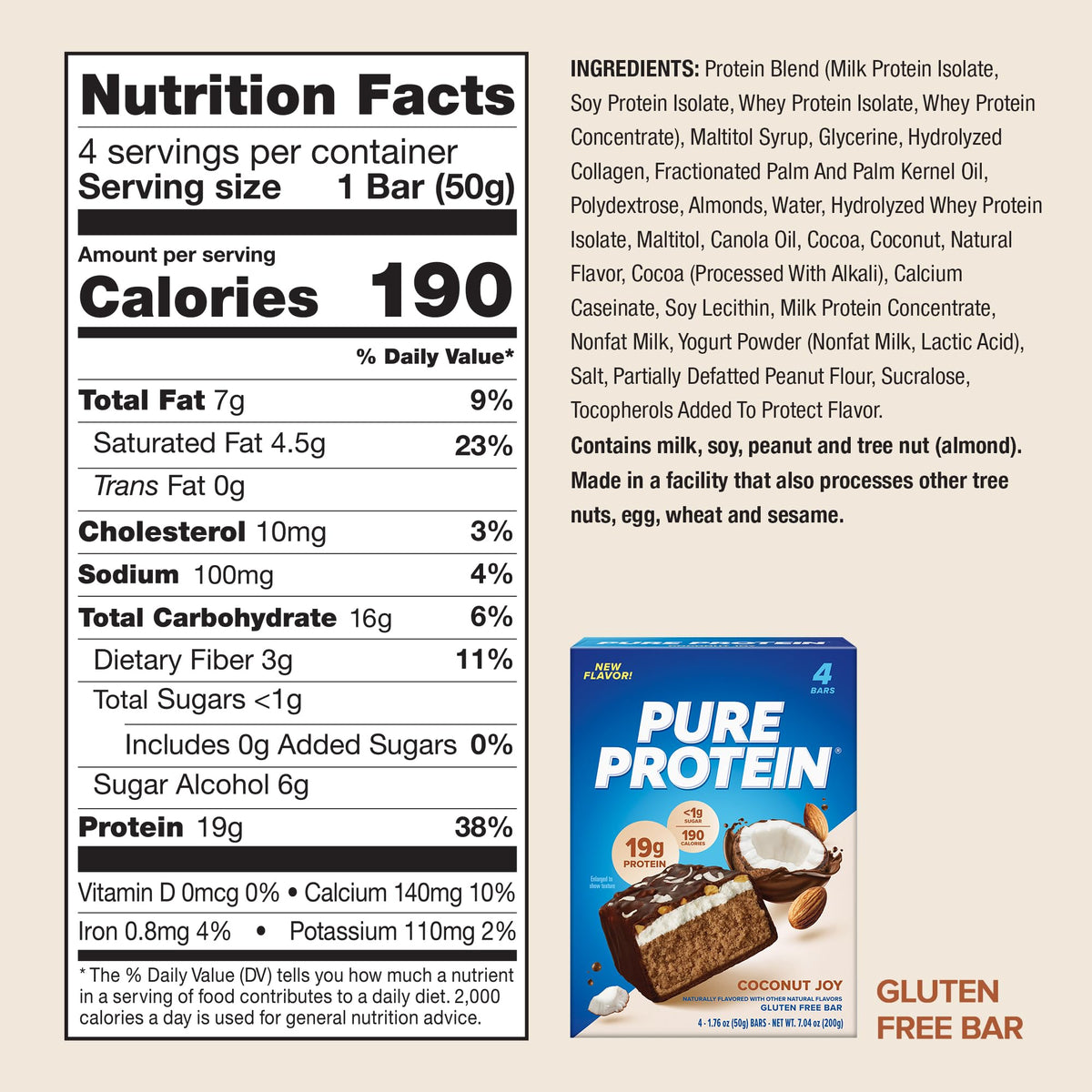 Pure Protein Coconut Joy Protein Bars, 20g Protein, Gluten Free, 4 Ct
