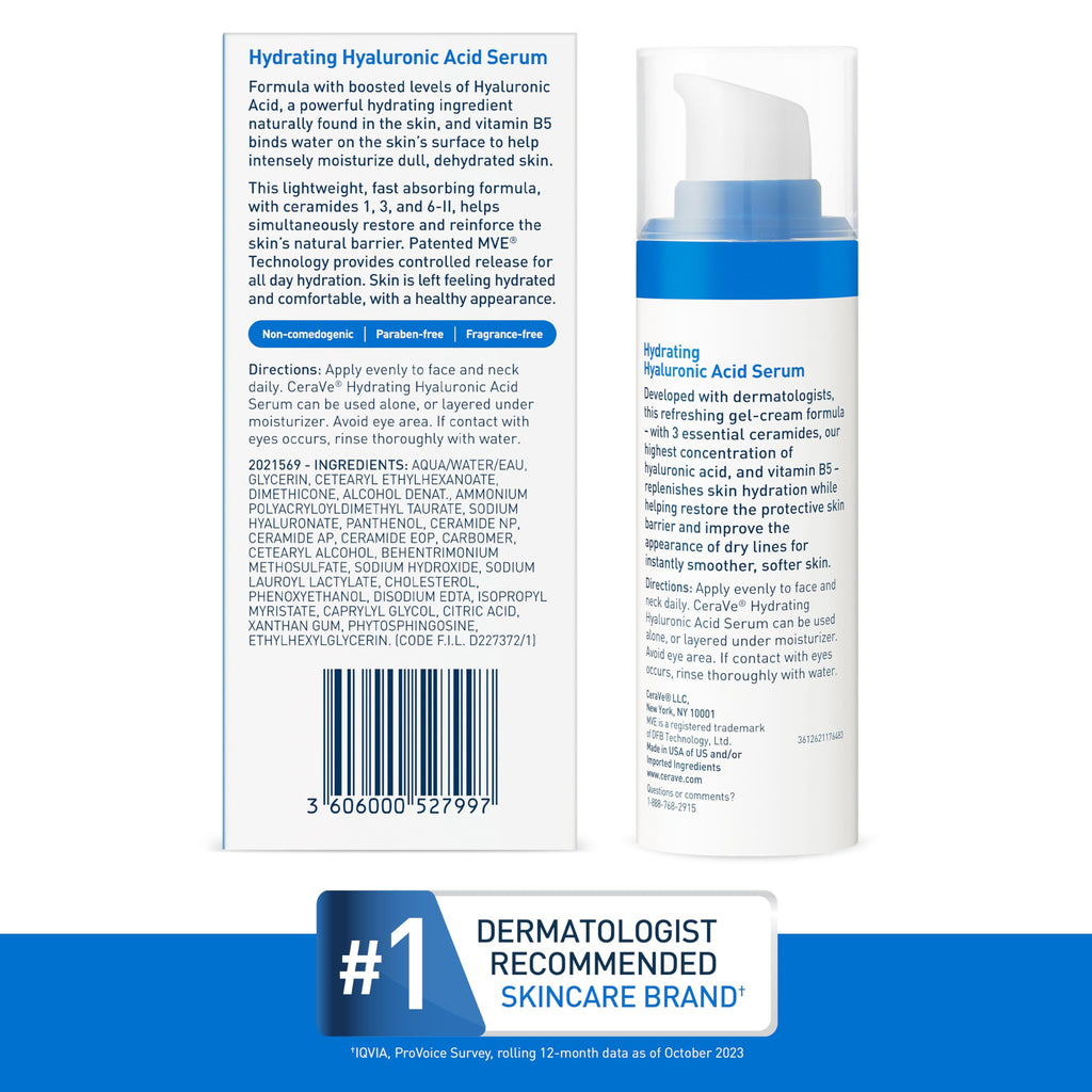 CeraVe Hyaluronic Acid Serum for Face, Hydrating Serum for Dry Skin, 1oz | Skin Care, Hydrates Dry Skin with Vitamin B5 and Ceramides In A Fragrance Free Formula To Layer Under Facial Moisturizer