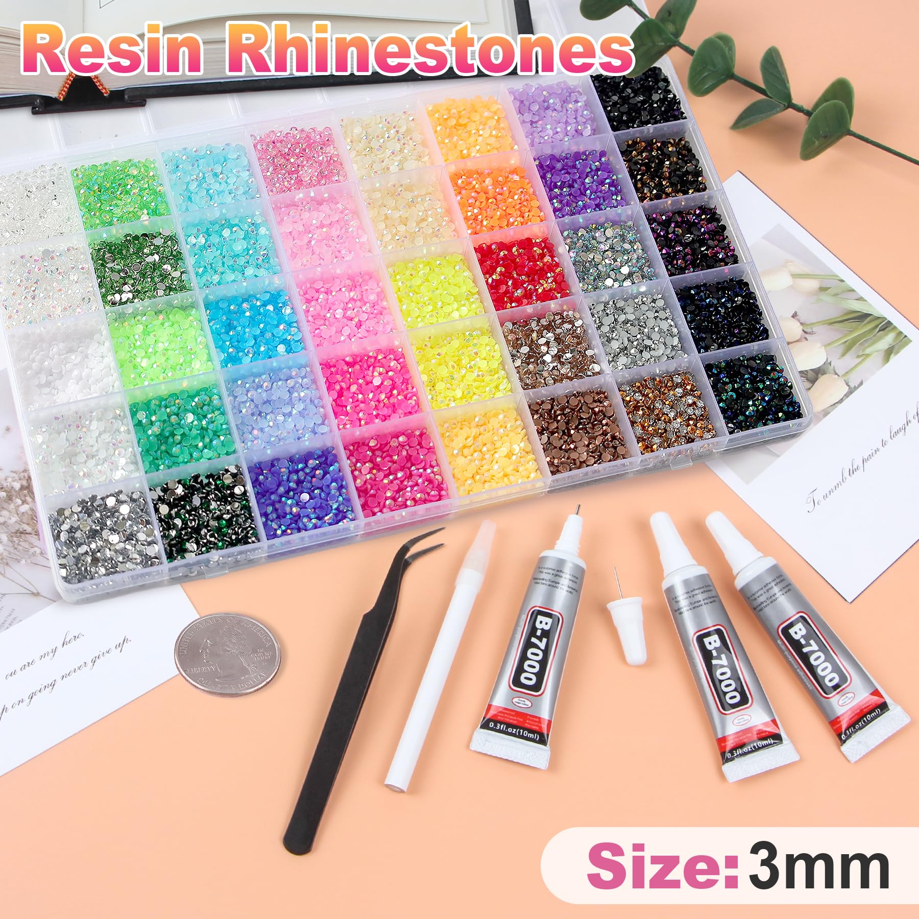 50000Pcs 40 Colors Resin Jelly Rhinestones for Bedazzling, 3mm Multicolor Flatback Gems for Crafting, Bedazzler Kit with 3Pcs 10ml B7000 Glue for Clothes Book Shoes Nails Art Makeup