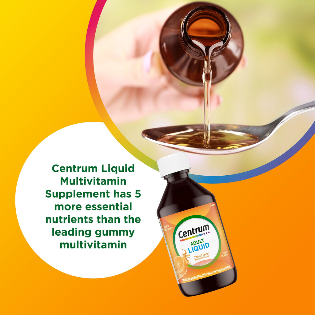 Centrum Liquid Multivitamin for Adults, Citrus Flavor, 8 fl oz | Contains B Vitamins, Vitamin C, Vitamin E and Antioxidants, Supports Healthy Immune Response, GLP-1 Support