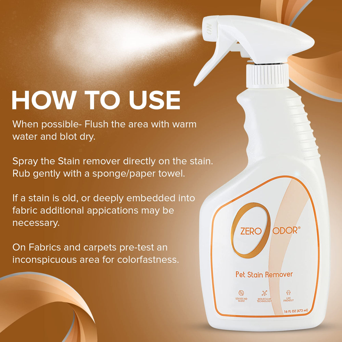 Zero Odor Pet Stain Remover & Odor Eliminator Spray for Carpet, 16 oz