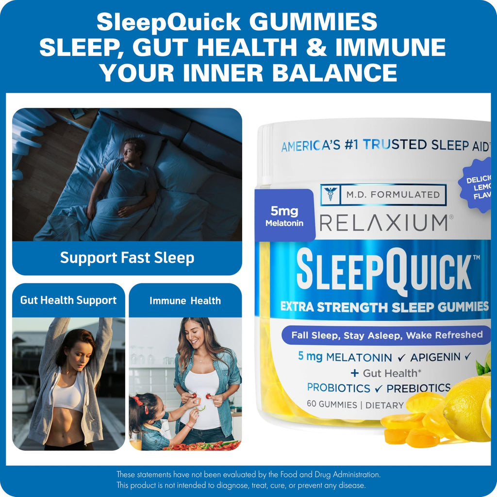 Relaxium SleepQuick Gummies, Sleep Aid, 5 mg Melatonin, D-3, Lemon, 60ct | Gut Health & Immune Support, Prebiotic Probiotic Blend, Gluten & Drug Free