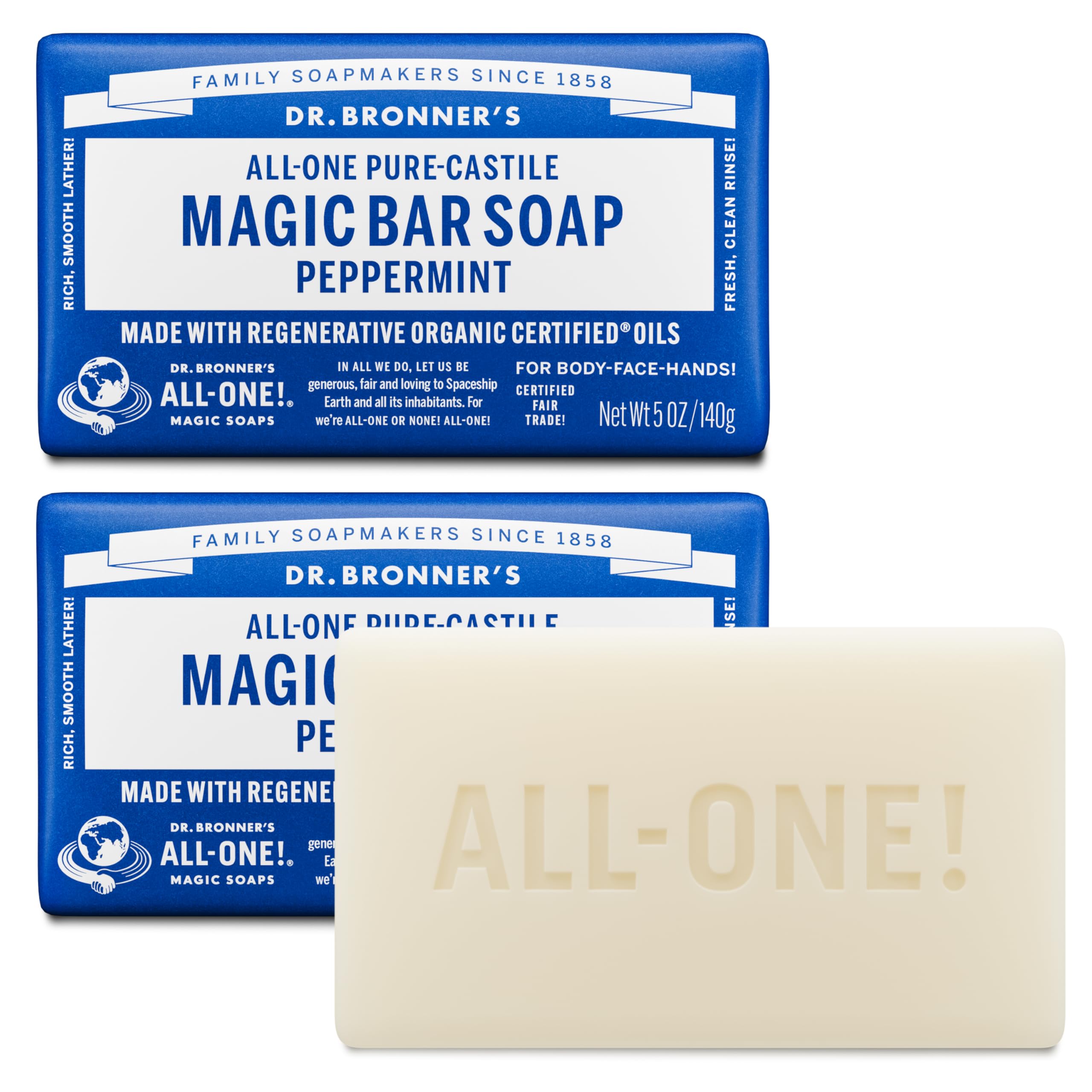 Dr. Bronner's Pure-Castile Magic Soap Bars (Peppermint, 5 oz, 6-Pack) - Made with Regenerative Organic Certified Oils - For Face, Body & Hair - Gentle, Vegan - Bar Soaps for Men & Women