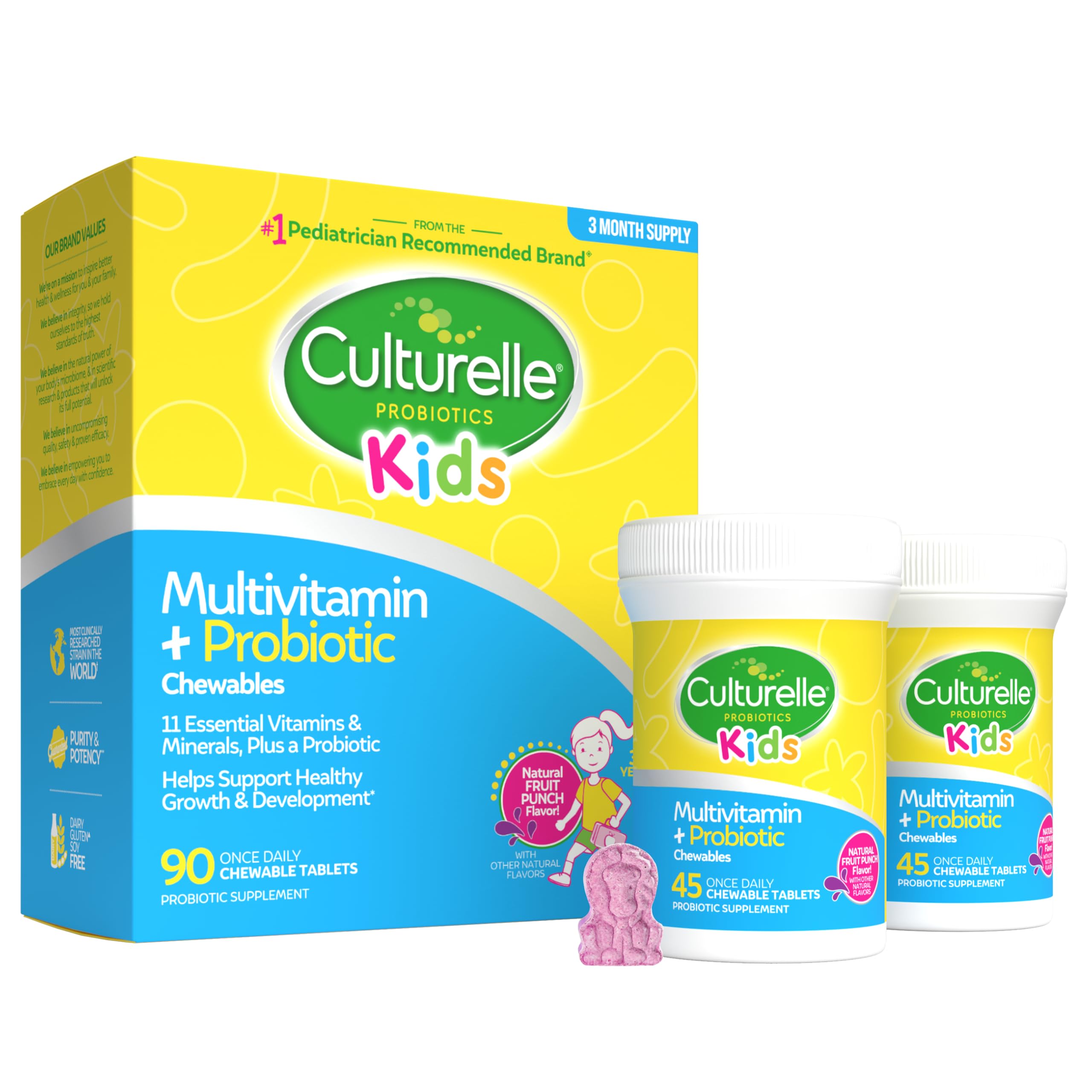 Culturelle Kids Multivitamin + Probiotic Chewable, Ages 3+, 50 Count | From the #1 Pediatrician-Recommended Brand± Promotes Digestive, Oral, Immune Health* with 11 Vitamins & Minerals, Fruit Punch