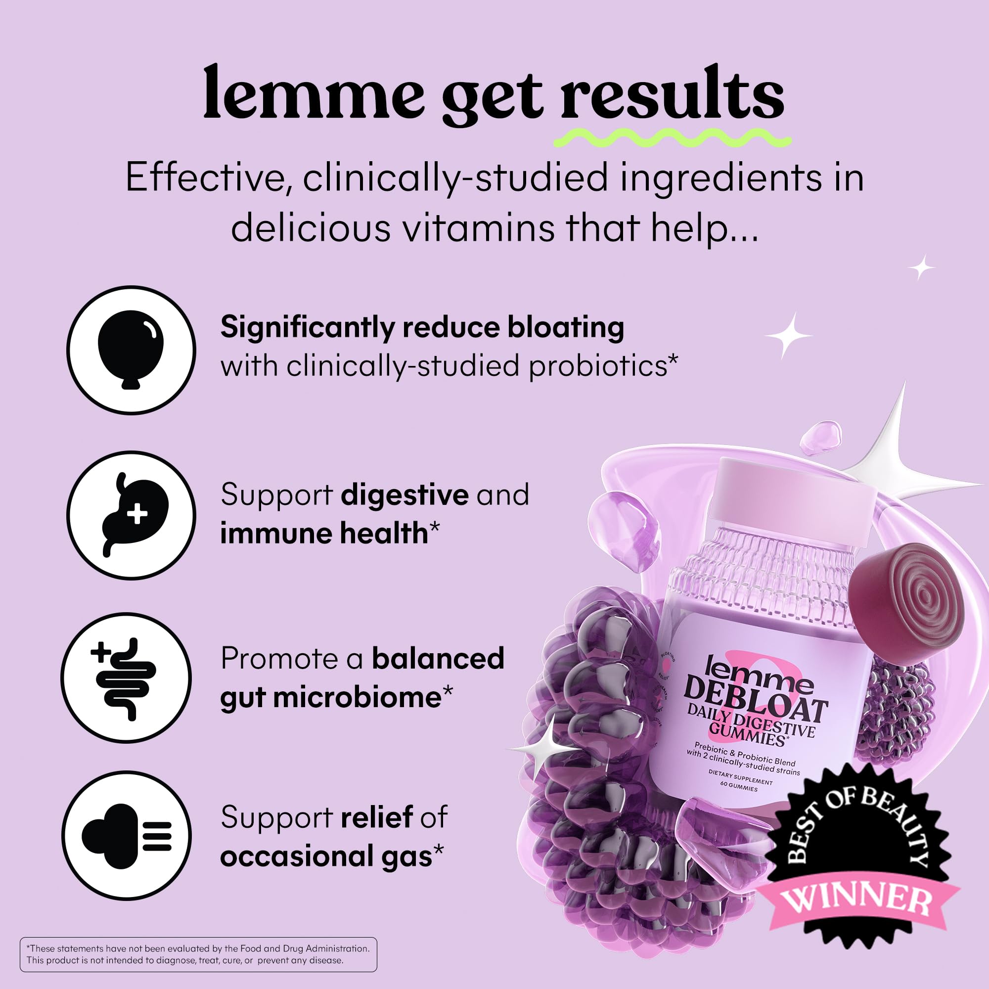 Lemme Debloat Digestive & Gut Health Gummies, 30-Day Supply | 2 Clinically Studied Probiotics & Prebiotic, Vegetarian, Gluten Free, Non GMO, BlackBerry Flavor