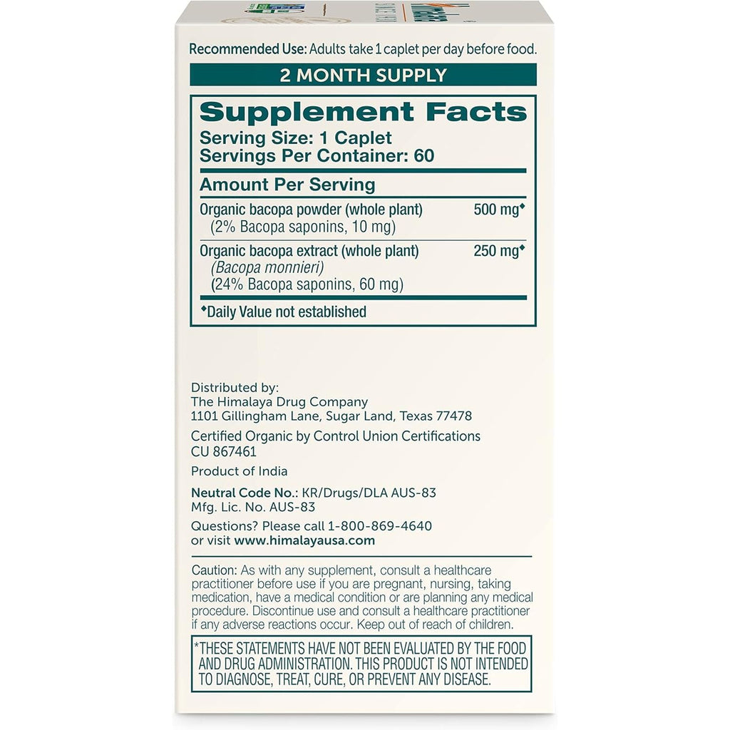 Buy now Himalaya Bacopa Monnieri Nootropic Herbal Supplement, Supports Calm, Memory, Cognition, USDA Certified Organic, Non-GMO, 750 mg, 60 Plant-Based Caplets, 60 Day Supply at indiglob india