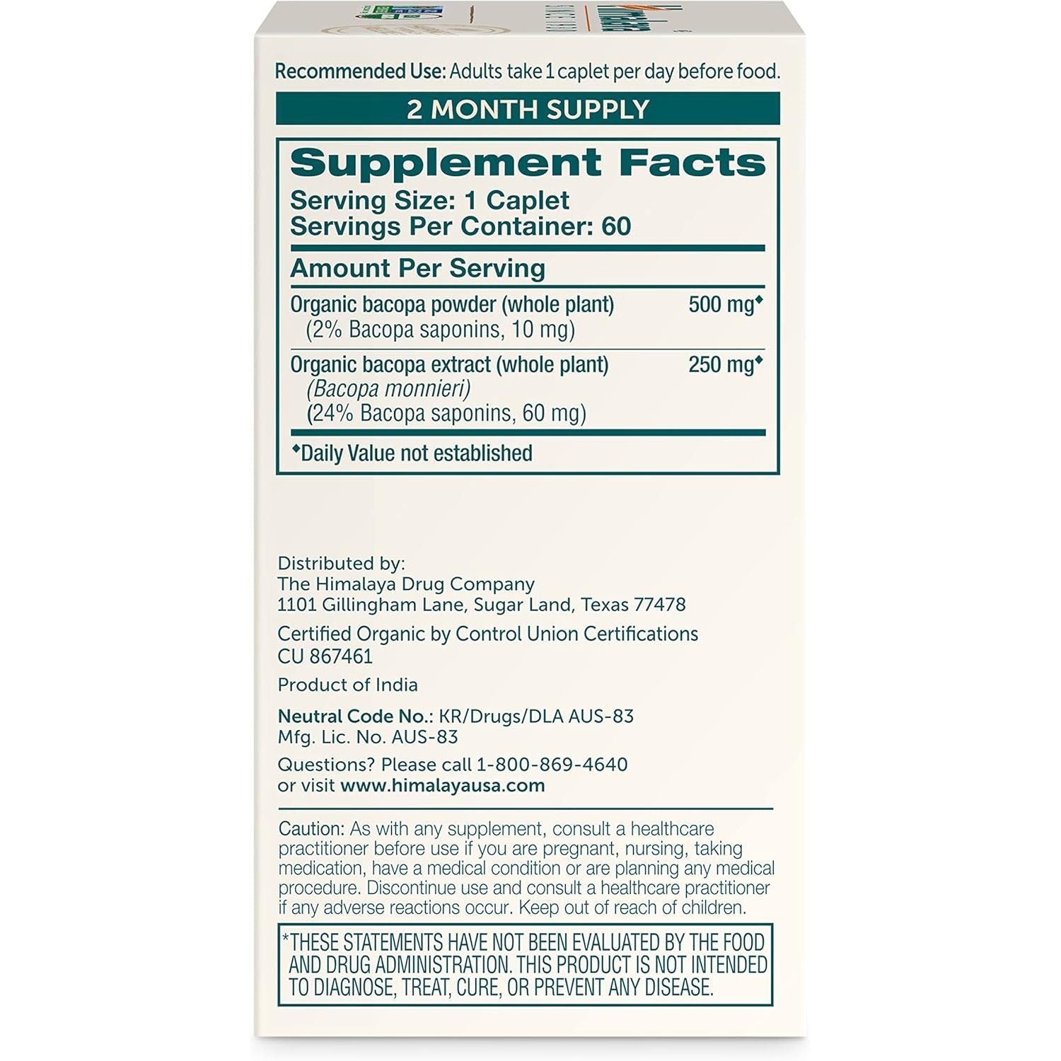 Buy now Himalaya Bacopa Monnieri Nootropic Herbal Supplement, Supports Calm, Memory, Cognition, USDA Certified Organic, Non-GMO, 750 mg, 60 Plant-Based Caplets, 60 Day Supply at indiglob india
