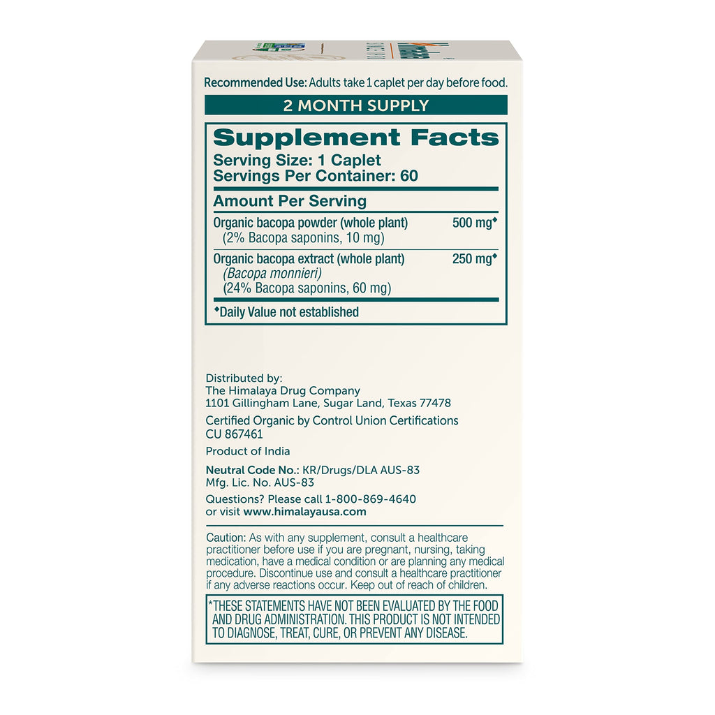 Himalaya USDA Organic Bacopa Monnieri Supplement,750 mg,60 Caplets | For Mental Alertness, Supports Calm, Memory & Cognition, Nootropic Herbal Supplement, Bacopa Extract Brahmi - Non-GMO, Vegan