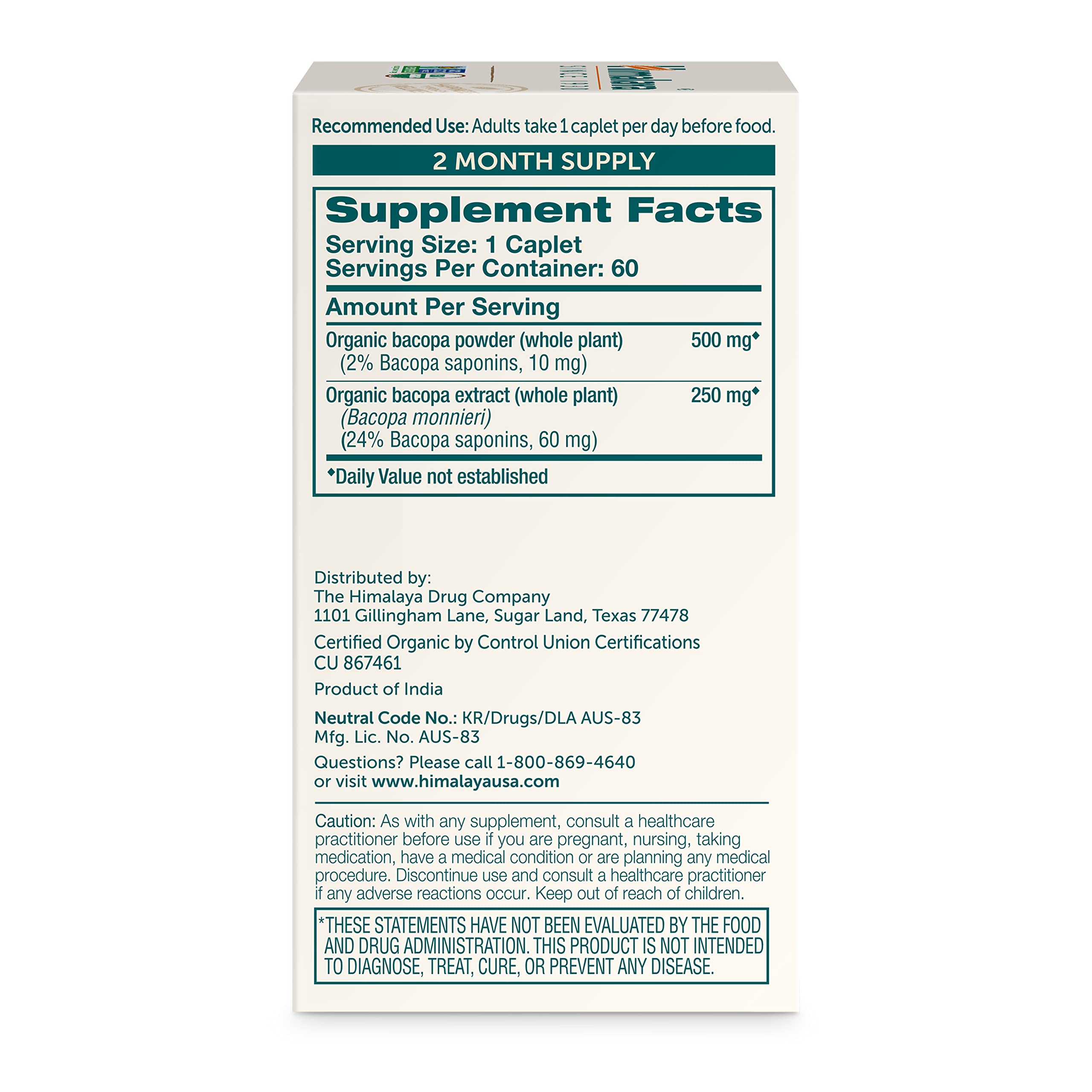 Himalaya USDA Organic Bacopa Monnieri Supplement,750 mg,60 Caplets | For Mental Alertness, Supports Calm, Memory & Cognition, Nootropic Herbal Supplement, Bacopa Extract Brahmi - Non-GMO, Vegan