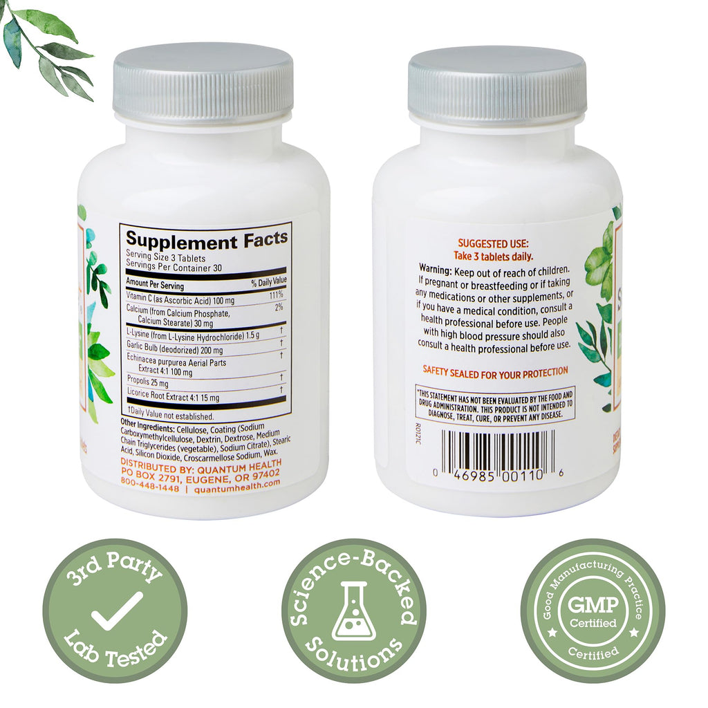 Quantum Health SuperLysine+ 1500mg L-lysine Immune Support 90 Tablets | Essential Amino Acid, Vitamin C, Echinacea, Licorice, Bee Propolis & Odorless Garlic, Daily Formula