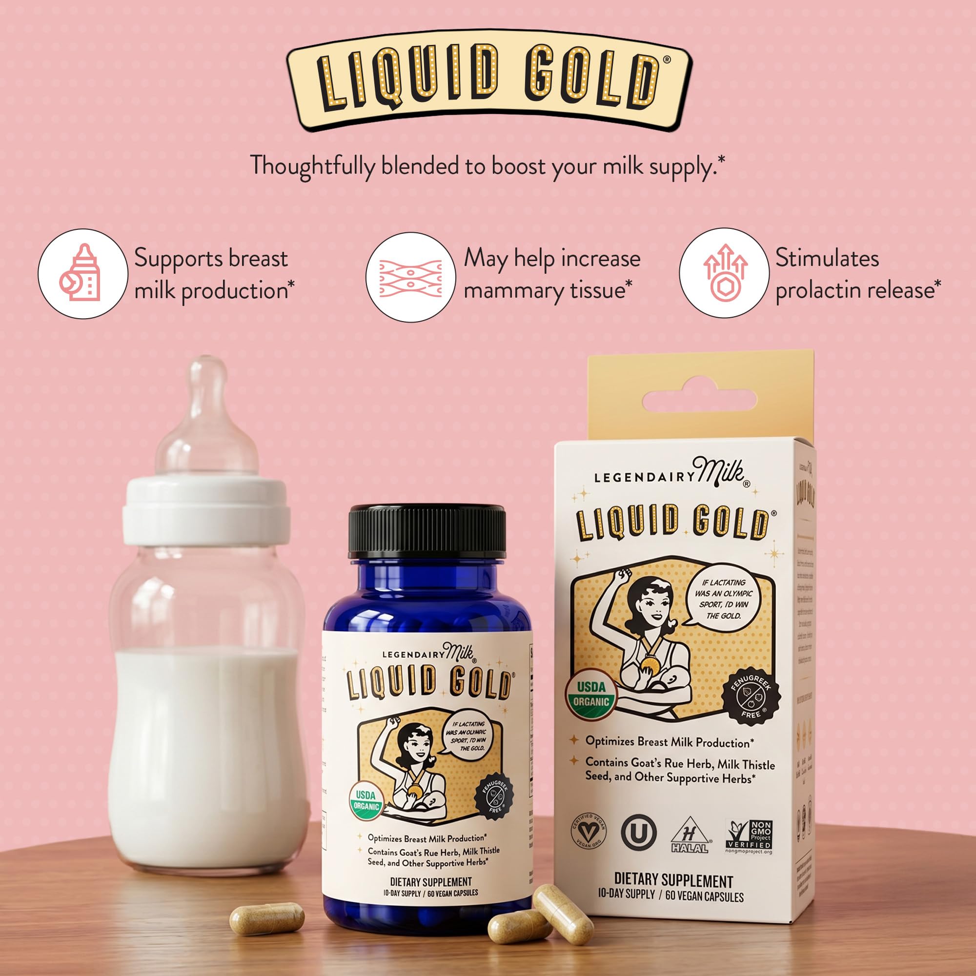 Legendairy Milk Liquid Gold Organic Lactation Support, 60 Capsules | Organic goat's rue, milk thistle, shatavari and fennel provide fenugreek-free lactation and breast milk supply support