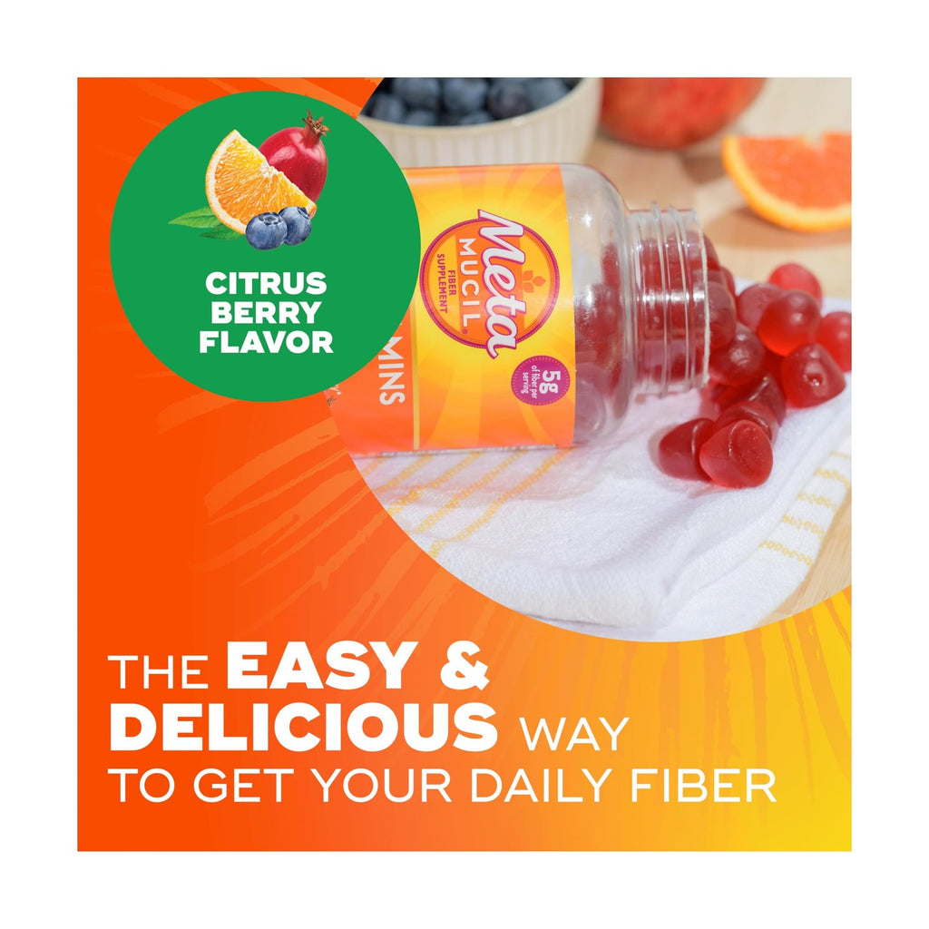 Metamucil Fiber Gummies for Adults with Vitamins C, D, B12 for Metabolism, No Sugar Added Citrus Berry Flavor, 5g Plant Based Prebiotic Fiber Supplement Blend, 120 Count