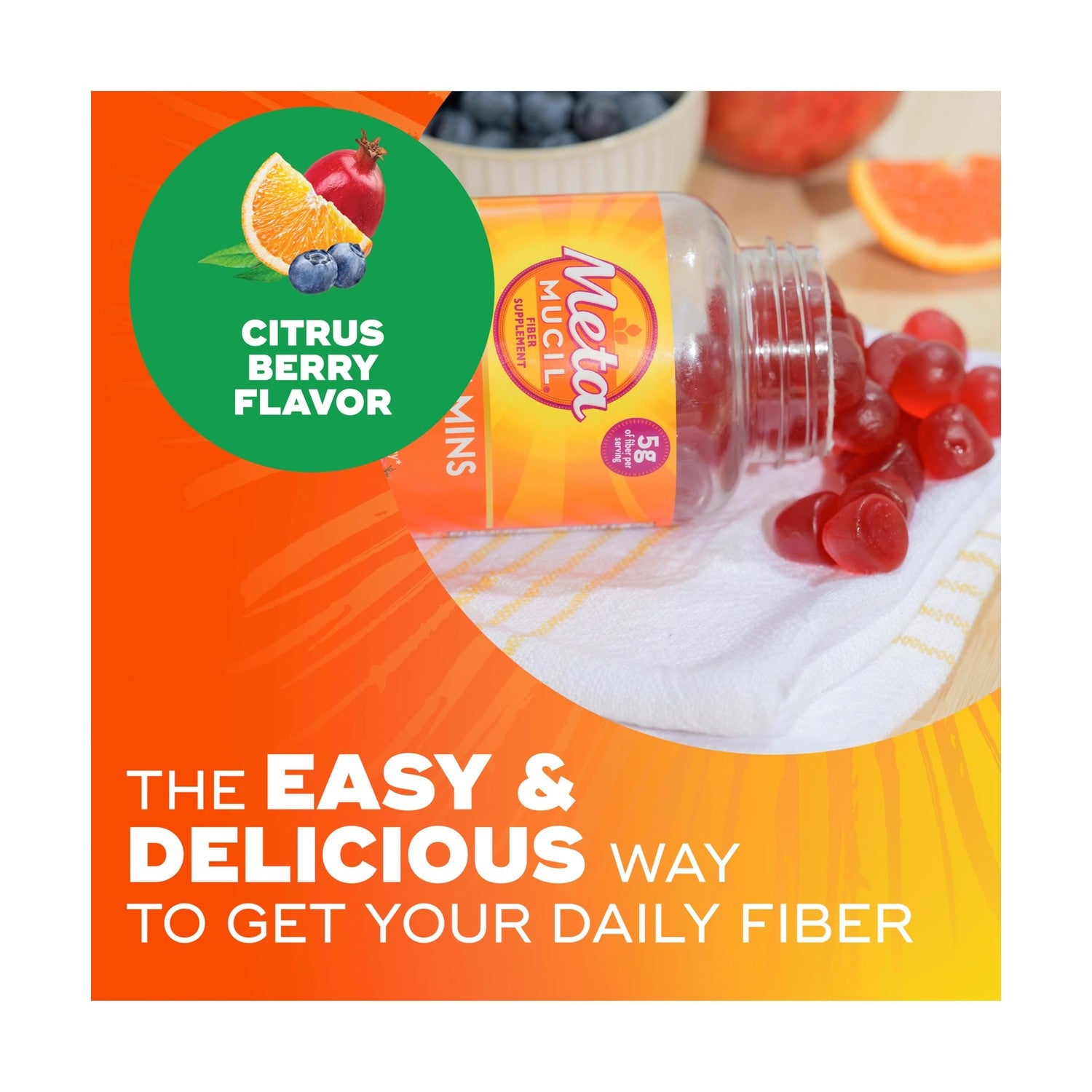 Metamucil Fiber Gummies for Adults with Vitamins C, D, B12 for Metabolism, No Sugar Added Citrus Berry Flavor, 5g Plant Based Prebiotic Fiber Supplement Blend, 120 Count