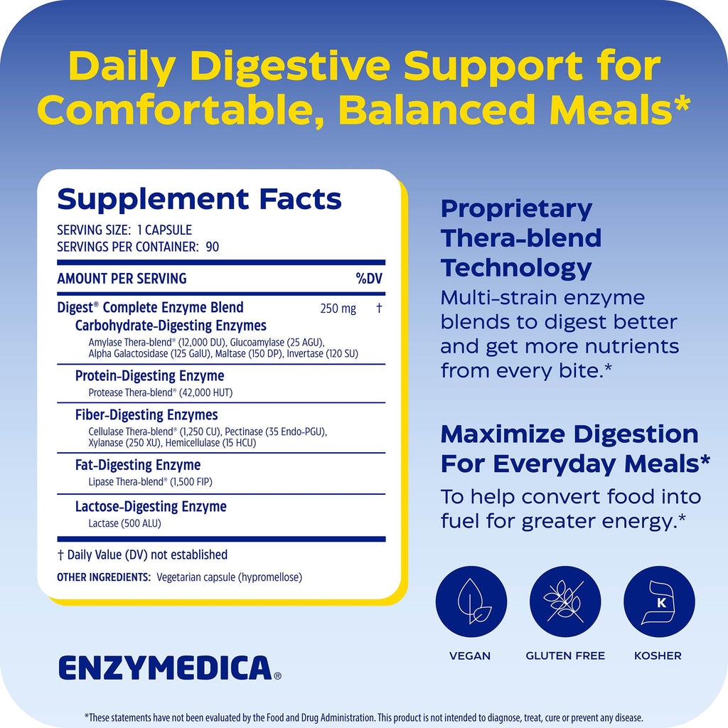 Enzymedica Digest Complete - Helps Gas & Bloating - 90 Caps | Digestive Enzyme Supplement for Women & Men, Enzyme Capsules for Digestion, Gut Health Support, Energy Support, Vegan