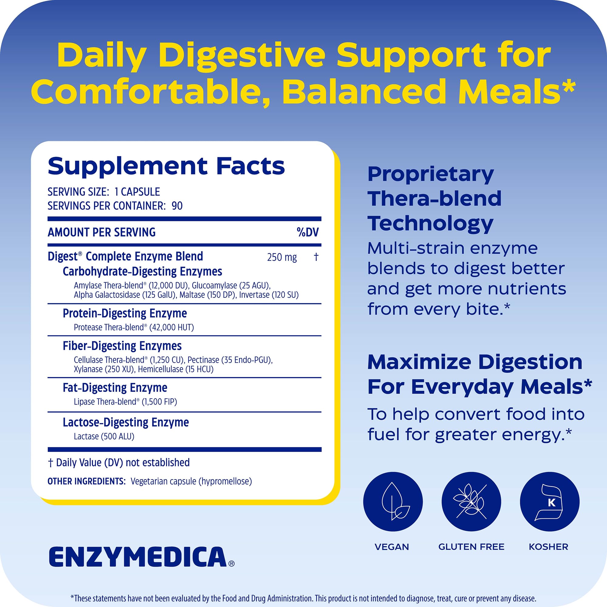 Enzymedica Digest Complete - Helps Gas & Bloating - 90 Caps | Digestive Enzyme Supplement for Women & Men, Enzyme Capsules for Digestion, Gut Health Support, Energy Support, Vegan