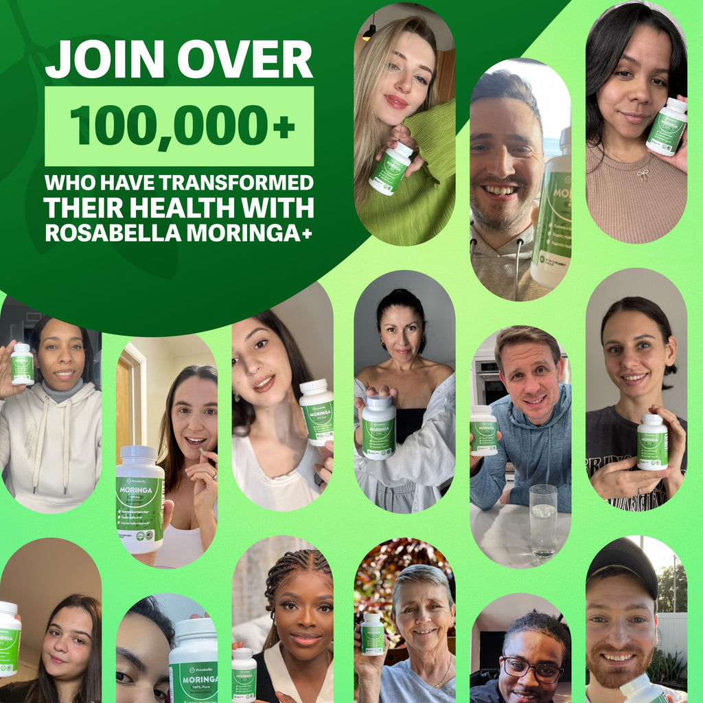 Rosabella Moringa+ Capsules - Pure Moringa Powder, Energy, Skin, Immune & Gut Health Superfood, Rich in Antioxidants, Essential Vitamins & Amino Acids, Natural Green Superfood Supplement - 60 Count