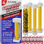 Fly Stick Sticky Fly Traps for Indoors Outdoor 4pk with 12 Ribbons. Non-Toxic Super Sticky Hanging Flies Catcher Paper Tape Strips for Home. Catches all bugs and gnats. Indoor House Flying Insect Trap