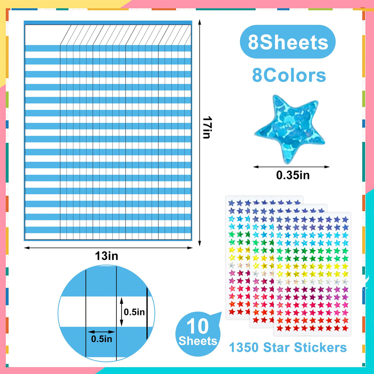 8 Pack Colorful Dry Erase Incentive Chart Multi-Color Classroom Laminated Dry Erase Reward Chore Charts with 1350 Reward Star Stickers for School Attendance Homework Progress Tracking, 13" x 17"