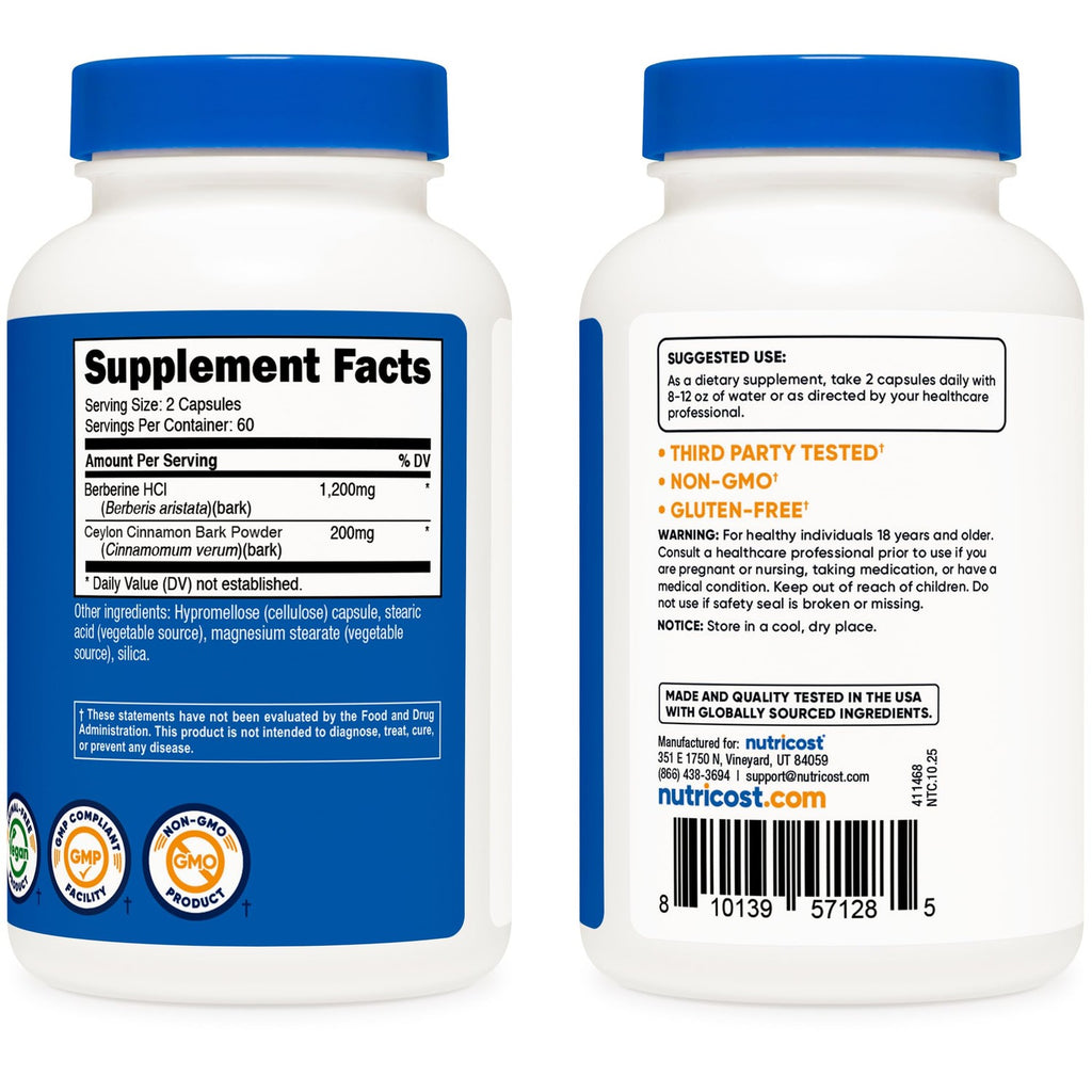 Nutricost Berberine HCl with Ceylon Cinnamon Capsules (120 Capsules) | 60 Servings, GMO-Free, Animal-Free Product