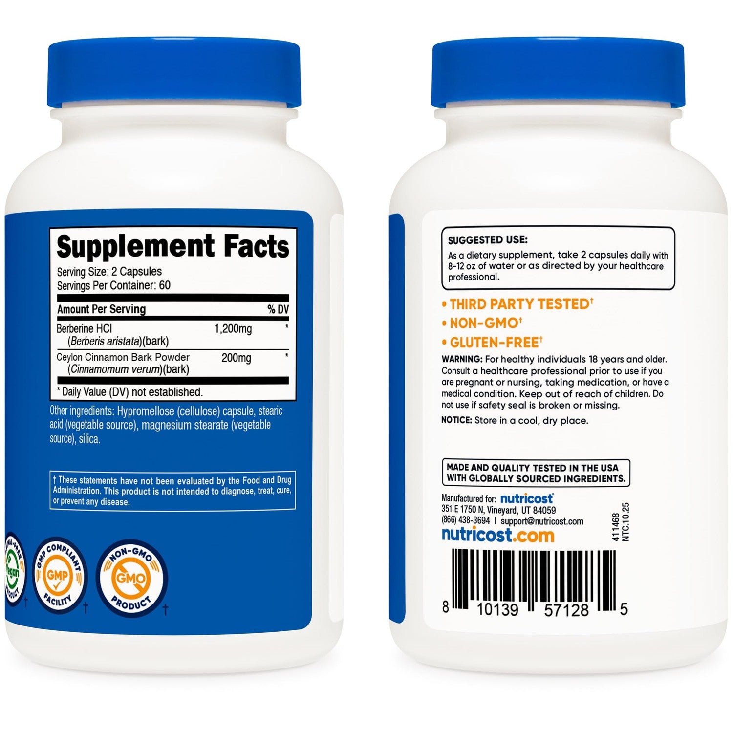Nutricost Berberine HCl with Ceylon Cinnamon Capsules (120 Capsules) | 60 Servings, GMO-Free, Animal-Free Product