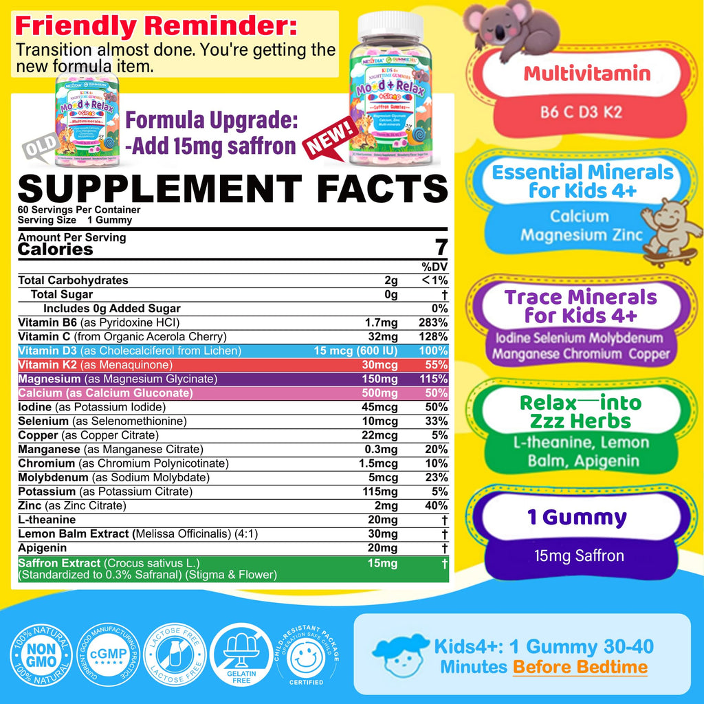 Kids 4+ Magnesium + Saffron Sleep Gummies, Relax Happy Filled Gummy, Bedtime Calcium Zinc, Mineral + Multivitamin Gummies, Melatonin Free | Vitamin D3 K2 | Bone, Only Need 1 Gummy - Sweet Dream Magic