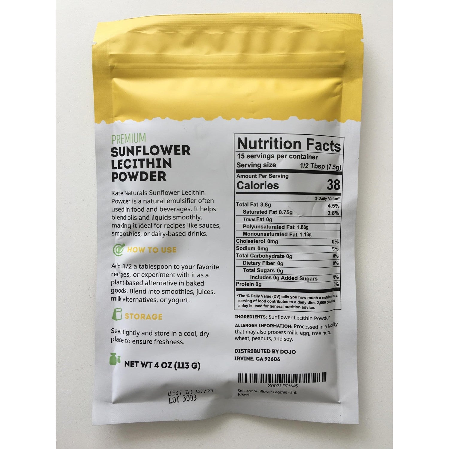 Kate Naturals Sunflower Lecithin Powder for Baking Bread & Cooking (4oz) | Non-GMO Substitute for Soy Lecithin Powder, Great for Making Gummies