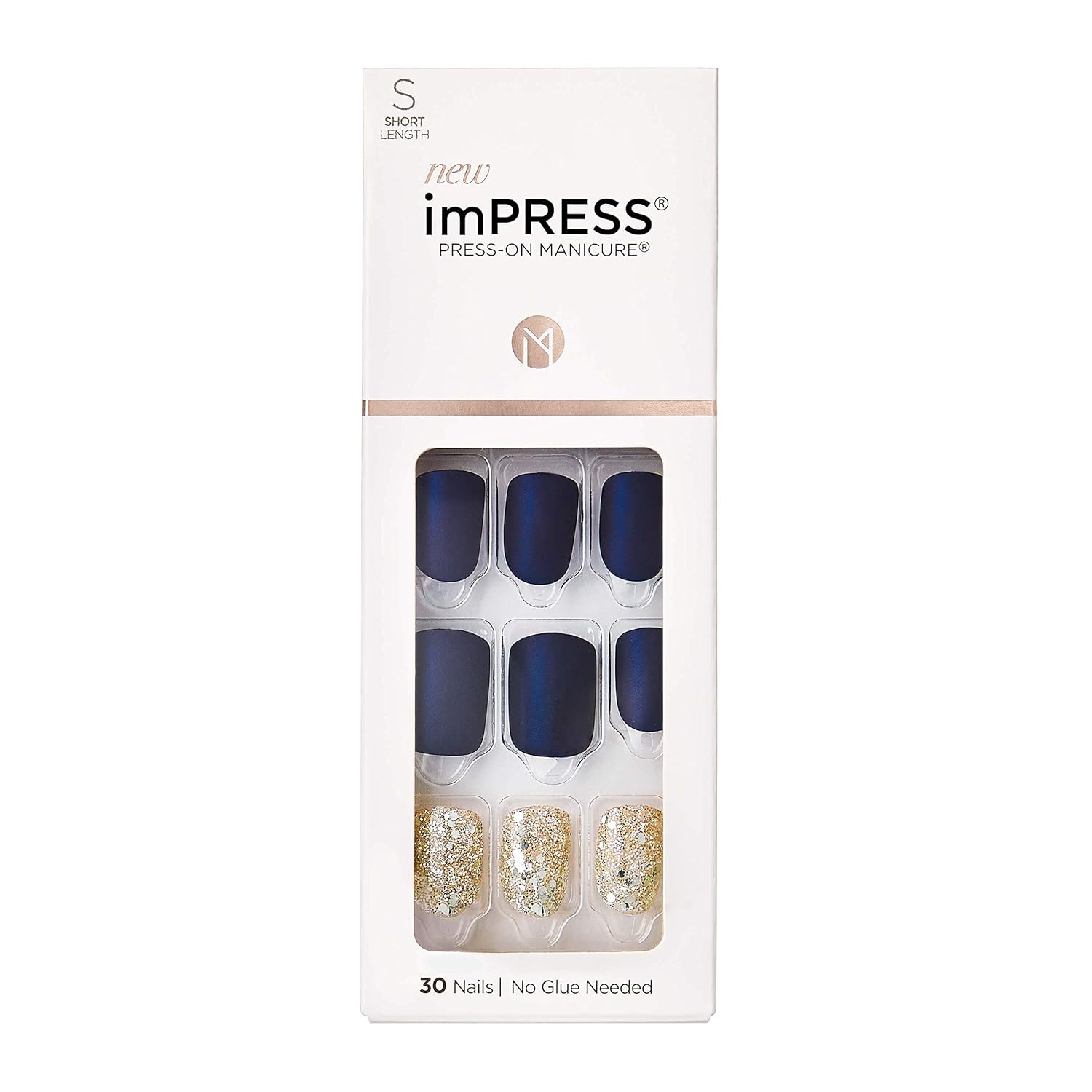 Buy now KISS imPRESS No Glue Mani Press On Nails, Design, 'Dorothy', Pink, Short Size, Squoval Shape, Includes 30 Nails, Prep Pad, Instructions Sheet, 1 Manicure Stick, 1 Mini File Blue and Gold at indiglob india