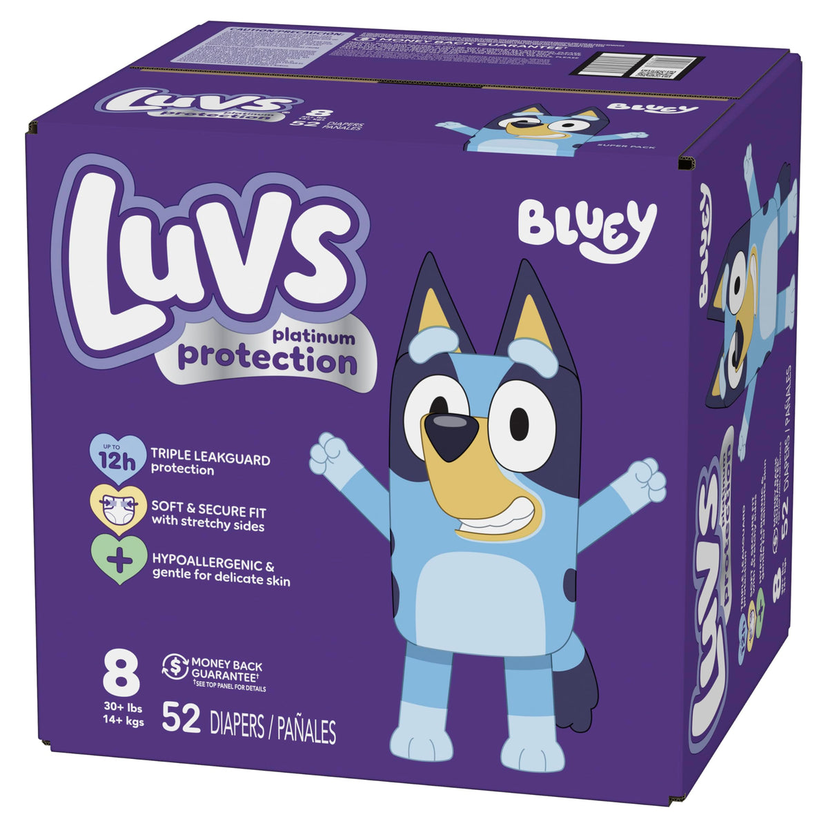 Luvs Size 8 Baby Diapers, Platinum Protection Bluey Diapers for Day & Night,Size 8 (46+ lb), 52 Count