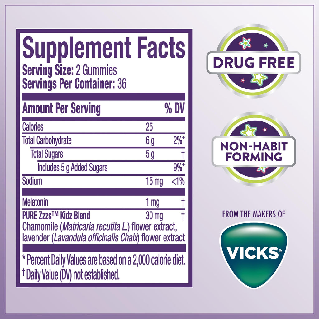 Pure Zzzs, Kidz, Kids Melatonin Gummy, Sleep Aid, Low Amount of Melatonin for Kids, with Chamomile and Lavender, 1 mg, Berry Flavored, 72 Count