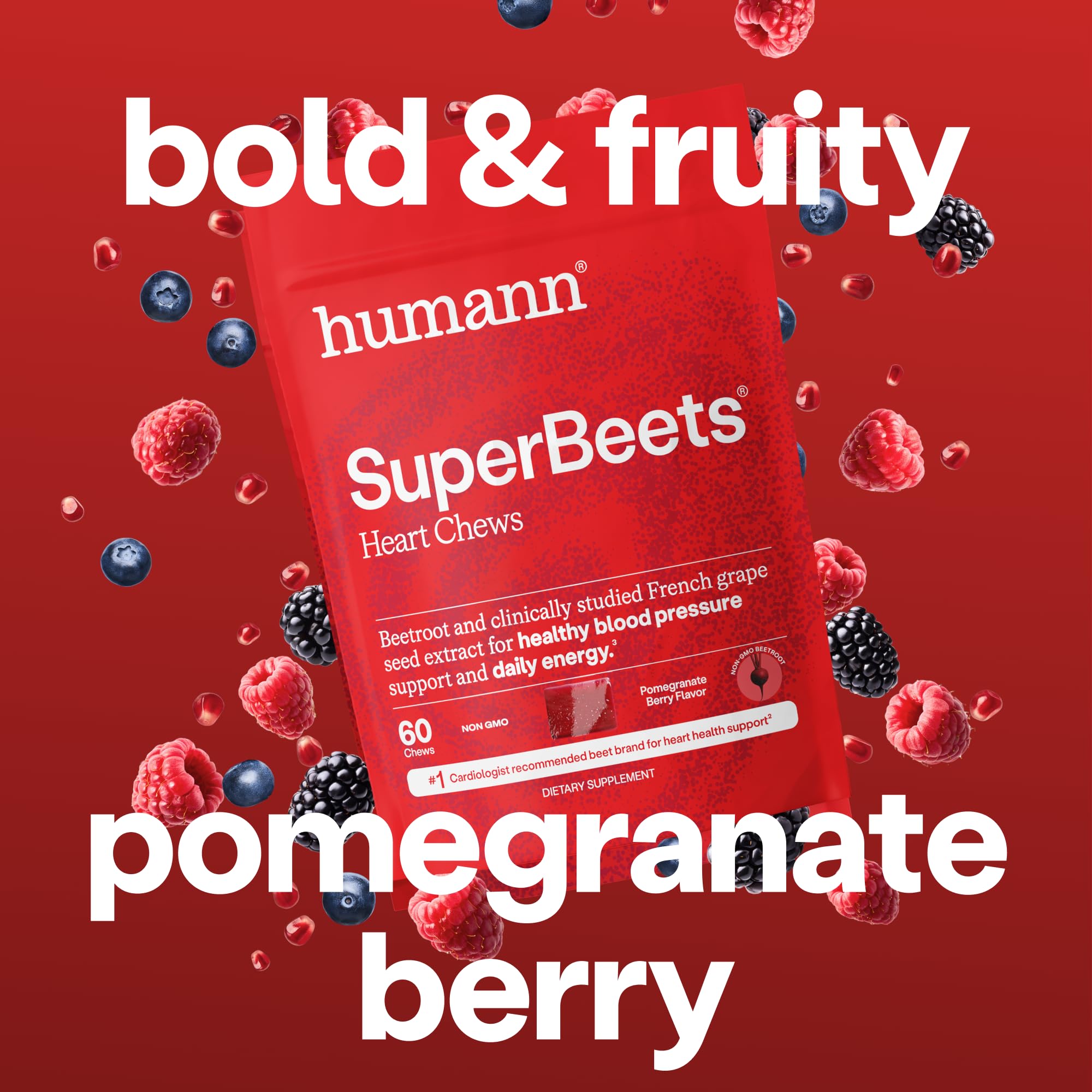 HumanN SuperBeets Heart Chews, Pomegranate Berry Flavor, 180 Ct | Blood Pressure Support, Nitric Oxide, Heart Health & Energy, Beet Root Powder & Grape Seed Extract, Once Daily, Made in USA
