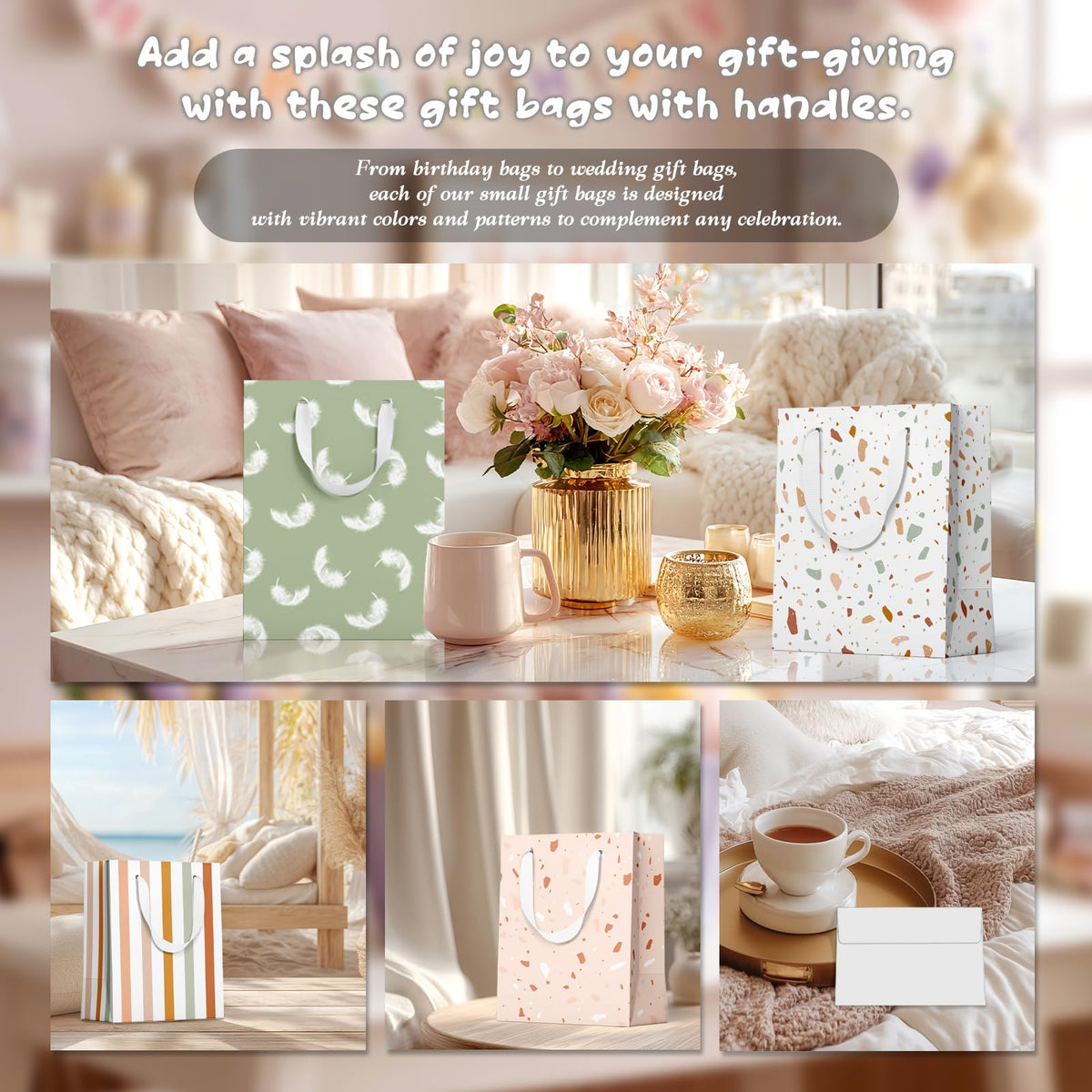 slapaflife Gift Bags Medium Size, Tissue Paper for Gift Bags Incl.Cards & Self-adhesive Envelope - Reusable & For Birthday, Mothers Day, Wedding, Baby Shower and Any Occasion.(4 Pack- 9")