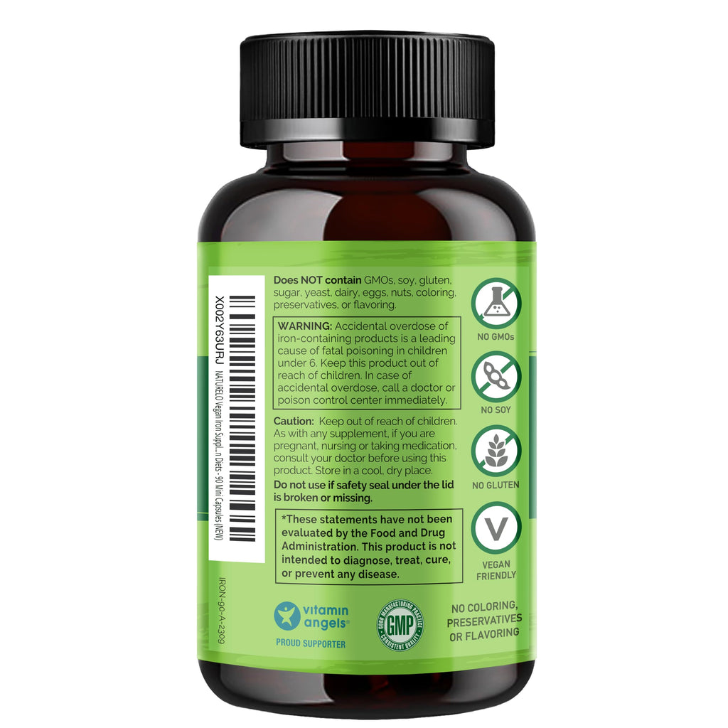 NATURELO Vegan Iron Supplement with Vitamin C & Organic Whole Foods, 90 Ct | Gentle Iron Capsules for Women & Men with this Mineral Deficiency - Including Pregnancy, Anemia and Vegan Diets