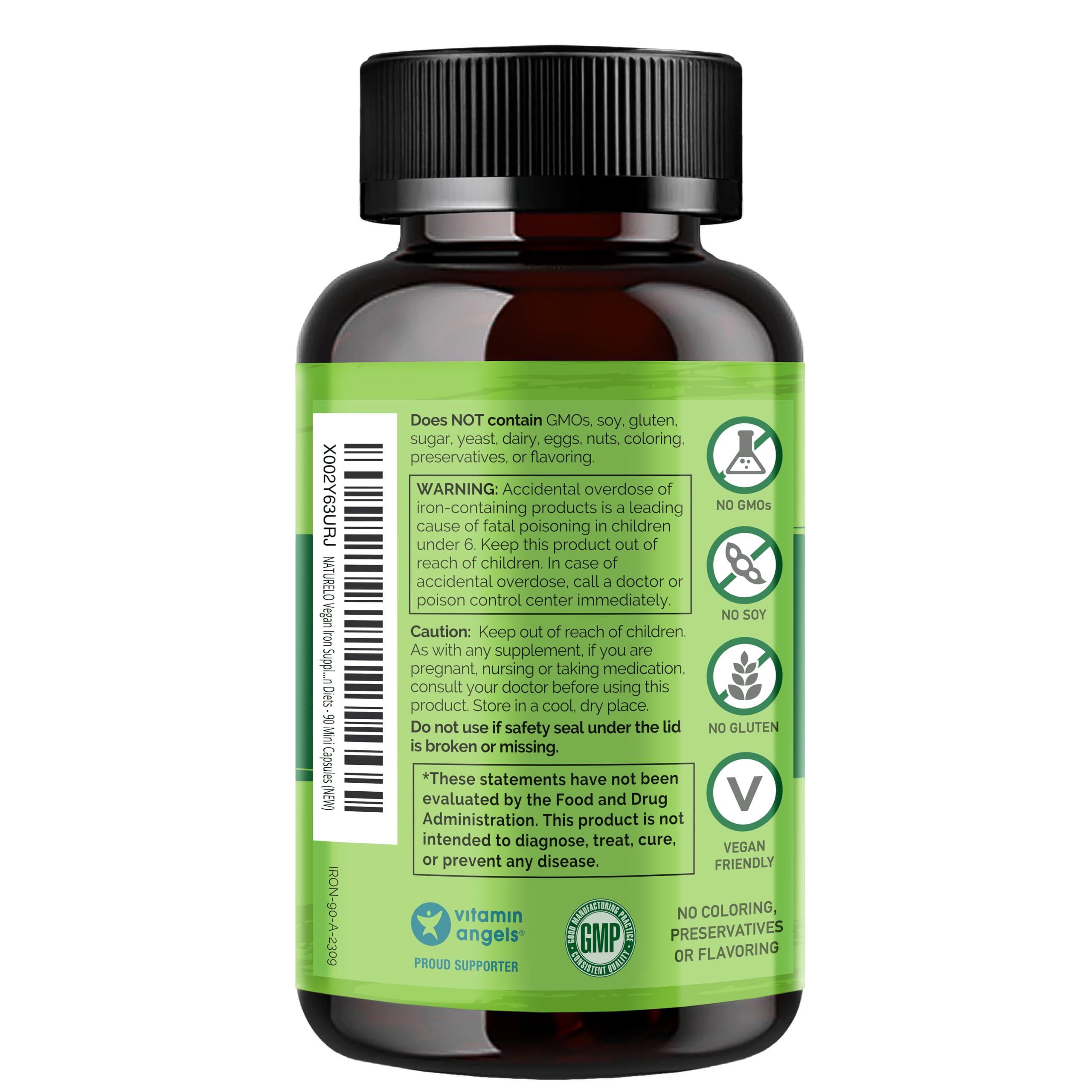 NATURELO Vegan Iron Supplement with Vitamin C & Organic Whole Foods, 90 Ct | Gentle Iron Capsules for Women & Men with this Mineral Deficiency - Including Pregnancy, Anemia and Vegan Diets