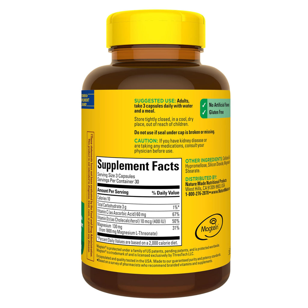 Nature Made Magnesium L-Threonate with Vitamin C & Vitamin D3, 90 Capsules | Provides 130 mg of Mag from 1800 mg Magnesium L Threonate, Cognitive Support Magnesium Supplement, 30 Day Supply