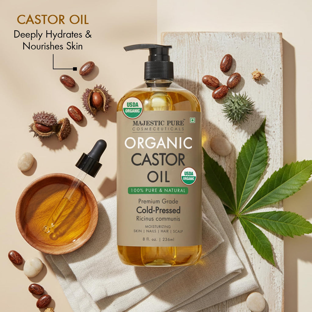 Majestic Pure USDA Organic Castor Oil, 100% Pure & Natural Body Oil -8 FlOz | Cold Pressed & Hexane Free Hair Growth Oil for Eyelashes, Eyebrows, Skin, Body, Face, Nails & Scalp