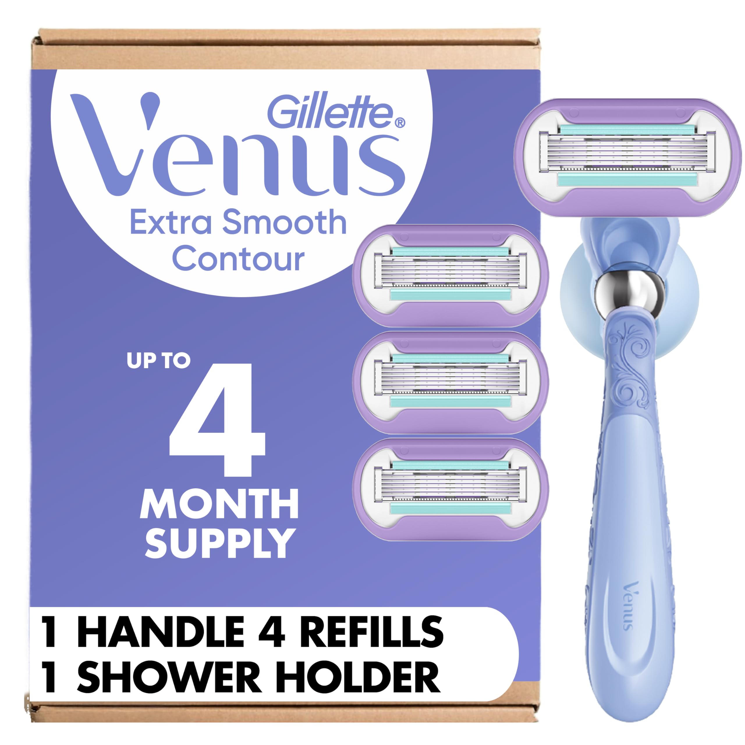 Gillette Venus Razor for Women, Extra Smooth Contour, Includes 1 Reusable Razor Handle + 4 Count 5-Bladed Razor Refills, with Flexiball Pivoting Handle and Shower Holder